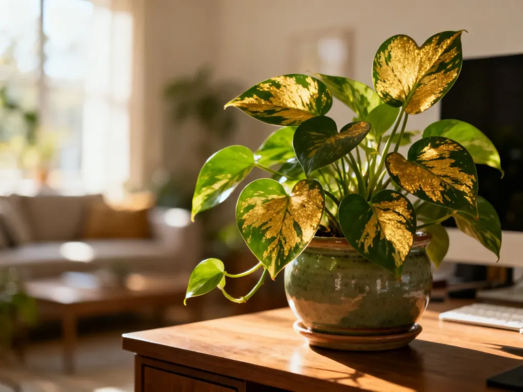 Epipremnum Happy Leaf w ceramicznej doniczce na drewnianym biurku, prezentujące soczyste, nakrapiane liście w słońcu.