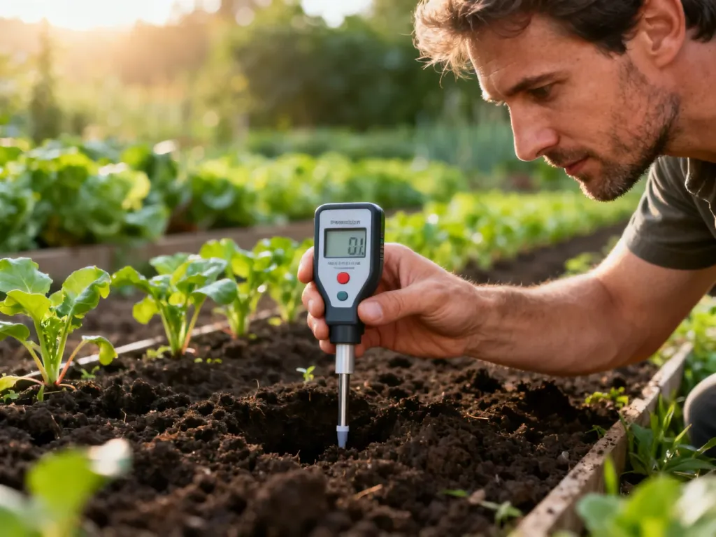 Mężczyzna używa profesjonalnego cyfrowego miernika pH do pomiaru wilgotnej gleby w ogrodzie warzywnym.